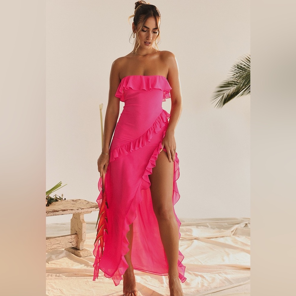 House of CB Ruffle Strapless Maxi Dress S - Hot Pink